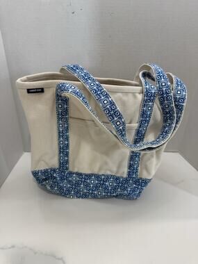 Lands End Canvas Tote Bag Womens Medium Blue White Geometric Open Top Shoulder